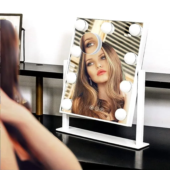 Lighted Makeup Mirror Hollywood Mirror Vanity Mirror with Lights, Touch Control Design 3 Colors Dimable LED Bulbs, Detachable 10X Magnification, 360°Rotation, White