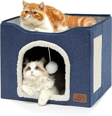 Bedsure Cat Beds for Indoor Cats - Large Cat Cave for Pet Cat House with Fluffy Ball Hanging and Scratch Pad, Foldable Cat Hideaway,16.5x16.5x13 inches, Grey