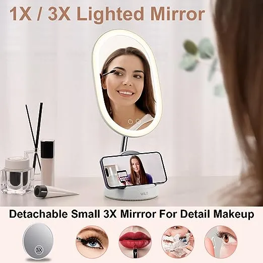 WILIT Vanity Mirror with 9 Adjustable Lighting Mode for Colour-Correction View, Detachable Magnifying(3X) Mirror for Detail Makeup, Cellphone Wireless Charger, Adjustable Mirror Angle