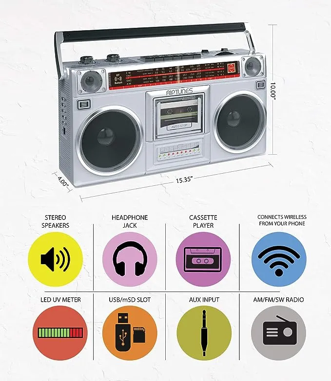 Riptunes Boombox Radio Cassette Player Recorder, AM/FM -SW1/SW2 Radio, Wireless Streaming, USB/Micro SD Slots, Aux in, Headphone Jack, Convert Cassettes to USB/SD, Classic 80s Style Retro, Black