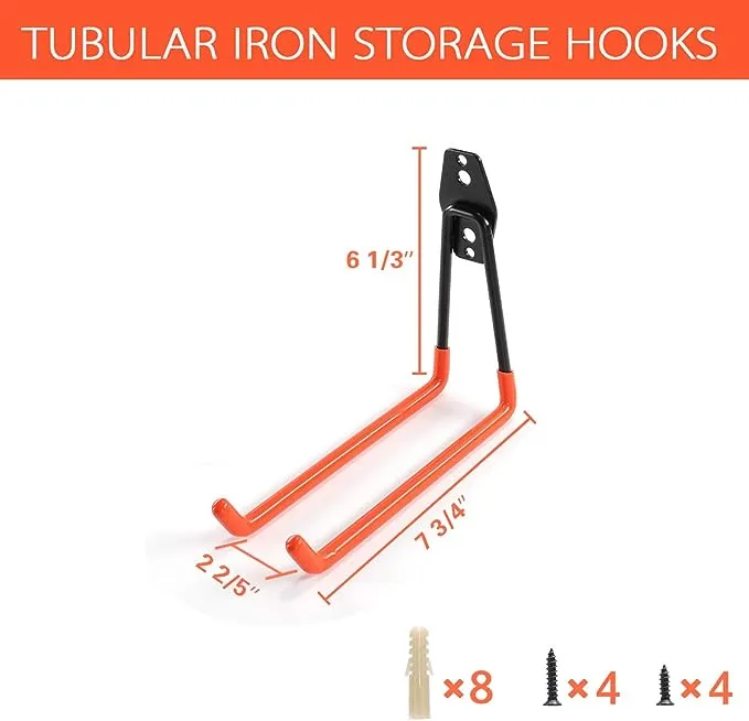 Ihomepark Heavy Duty Garage Storage Utility Hooks for Ladders & Tools, Wall Mount Garage Hanger & Organizer - Tool Holder U Hook with Anti-Slip Coating (2 Pack - Orange)