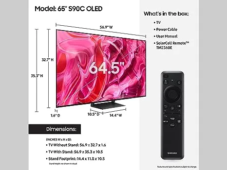 SAMSUNG 65-Inch Class OLED 4K S90C Series Quantum HDR, Dolby Atmos Object Tracking Sound Lite, Ultra Thin, Q-Symphony 3.0, Gaming Hub, Smart TV with Alexa Built-in (QN65S90C, 2023 Model)