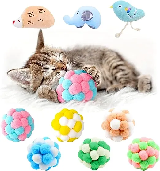 Paw Paw Babe Cat Balls & Catnip Toys Set - Cartoon Fuzzy Balls, Soft & Lightweight - Kittens Chewing, Kicker Toys - Cat Toys for Indoor Cats - Kitten & Cat Accessories - Pack of 9