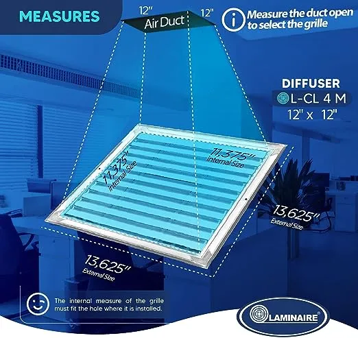 Aluminum 4-Way Vent Cover: Adjustable Curved Blade Air Supply Diffuser- 12 x 12-Plastic Seal for Tight Fit, Quiet Air Flow, Multi-Shutter Damper-[Front Grille Size:13.6"x13.6"][Duct Hole Size:12"x12"]