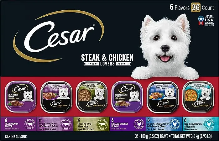 CESAR Wet Dog Food Steak and Chicken Lover's Variety Pack, (36) 3.5 oz. Trays made with Real Meat or Real Chicken