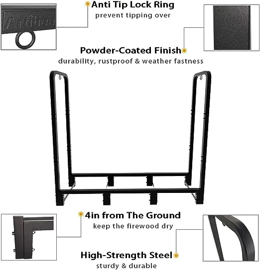 Artibear 4ft Outdoor Firewood Rack, Upgraded Adjustable Heavy Duty Logs Stand Stacker Holder for Fireplace - Metal Lumber Storage Carrier Organizer, Bright BlackArtibear 4ft Outdoor Firewood Rack, Upgraded Adjustable Heavy Duty Logs Stand Stacker Holder 