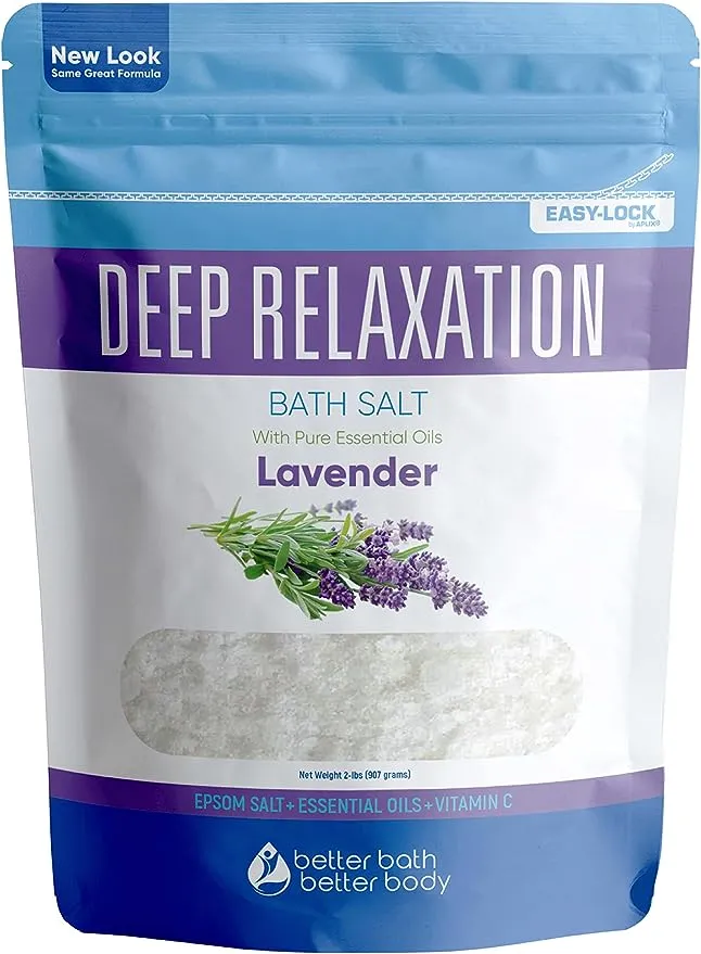 Deep Relaxation Bath Salt 32 Ounces Epsom Salt with Natural Lavender Essential Oil Plus Vitamin C in BPA Free Pouch with Easy Press-Lock Seal