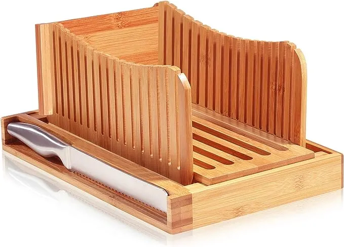 Bambüsi Bamboo Bread Slicer with Knife - 3 Slice Thickness, Foldable Compact Cutting Guide with Crumb Tray, Stainless Steel Bread Knife for Homemade Bread, Cake, Bagels 5.5” Wide x 5” Tall