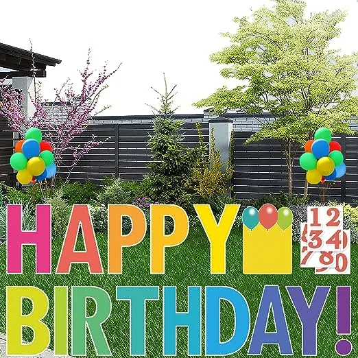 Happy Birthday Yard Sign with Stakes, Personalized Age Happy Birthday Sign with 20 Number Stickers and Balloons, Birthday Yard Lawn Signs for Happy Birthday Decorations, Rainbow Color, 15" Big Size