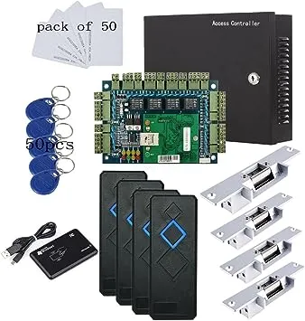 TCP/IP 4 Door Entry Access Control Panel Kit Electric Strike Fail Secure NO Mode Lock Enroll RFID USB Reader 110-240V Power Supply Box RFID Reader Phone APP remotely Open Door