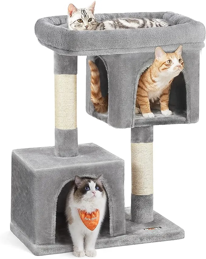 Feandrea Cat Tree, 29.1-Inch Cat Tower, M, Cat Condo for Medium Cats up to 11 lb, Large Cat Perch, 2 Cat Caves, Scratching Post, Light Gray UPCT612W01