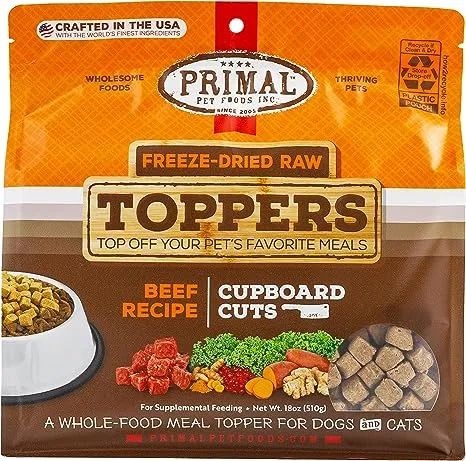 Primal Dog Food Toppers & Cat Food Toppers, Cupboard Cuts, Grain Free Meal Mixers with Probiotics, Raw Freeze Dried Dog Treats & Cat Treats, Great for Training (Beef, 18 oz)