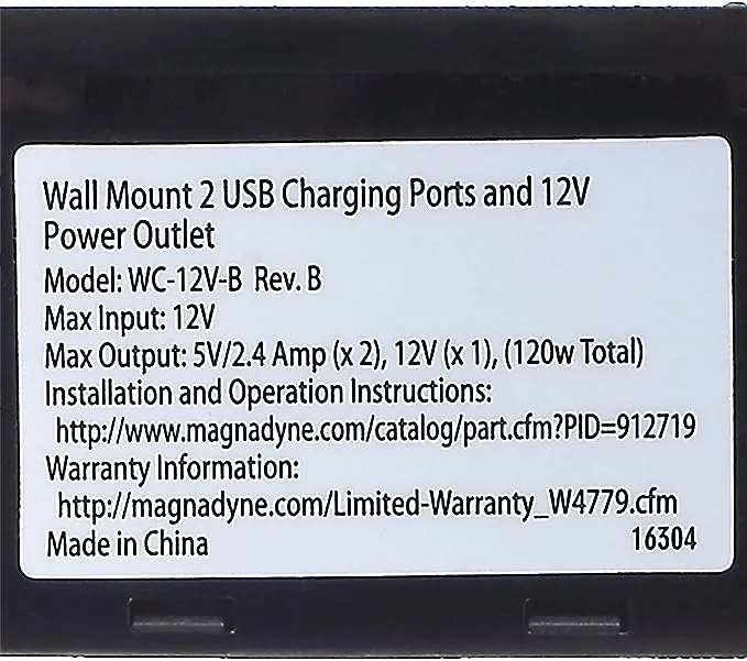 Magnadyne WCP-12V-B Black Wall Mount 2 USB Charging Ports and 12V Power Outlet with Wall Plate Included