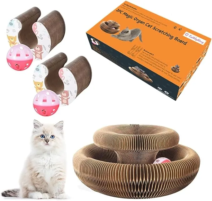 Magic Organ Cat Scratching Board, 2PC Cat Toys, Interactive Scratch Pad Cat Toy with Toy Bell Ball, Stretchy Cat Accordion Toy for Kitty & Cat Lovers Gifts (2PCS)