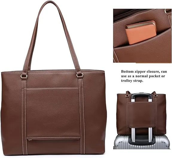 15 inch Laptop Leather Travel Carrying Tote Bag with Smart Trolley Strap Design