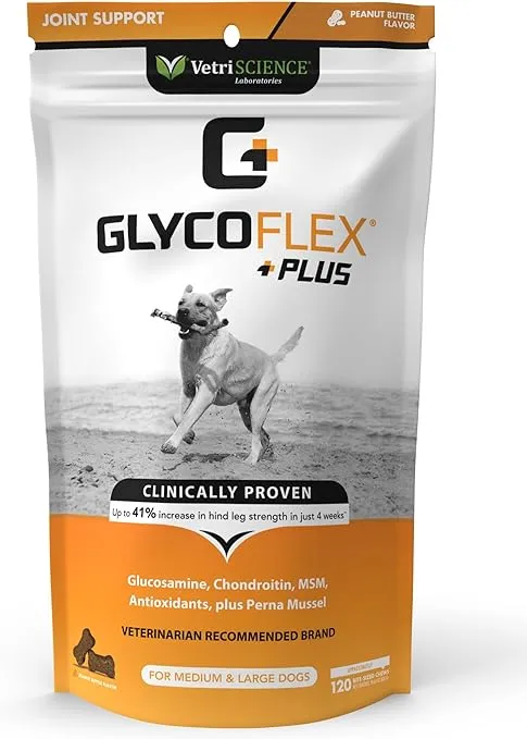 VetriScience Glycoflex Plus Maximum Strength Hip & Joint Supplement for Dogs with Glucosamine Chondroitin and MSM, Duck Flavor, 120 Chews