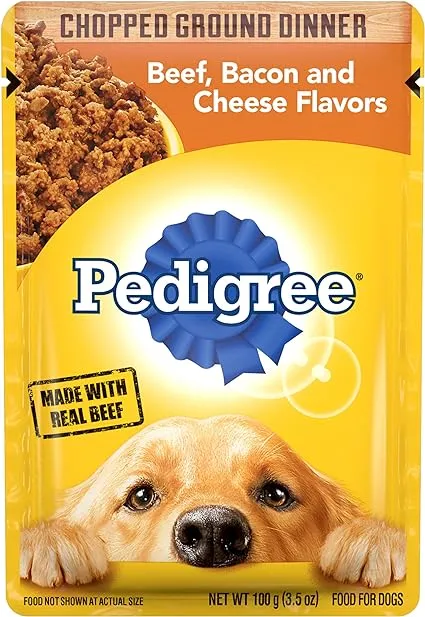 Pedigree Adult Wet Dog Food Chopped Ground Dinner Beef, Bacon and Cheese Flavors, (16) 3.5 oz. Pouches