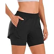 Stelle Women 2 in 1 Running Shorts High Waisted Athletic Shorts Gym Workout Shorts with Liner Zipper Pockets