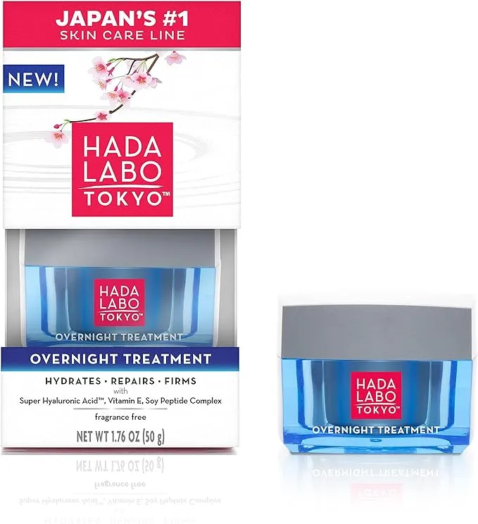 Hada Labo Tokyo Anti-Aging Overnight Treatment, Hyaluronic Acid Night Cream for Intense Hydration, Skin Renewal With Collagen, Japanese Honeysuckle, Soy Peptides, Moisturizing Face Cream, 1.76 oz