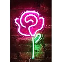 Isaac Jacobs 15" x 9" inch LED Neon Pink Rose Flower with Green Stem Wall Sign For Cool Light, Wall Art, Bedroom Decorations, Home Accessories, Party, and Holiday Decor: Powered by USB Wire (ROSE)