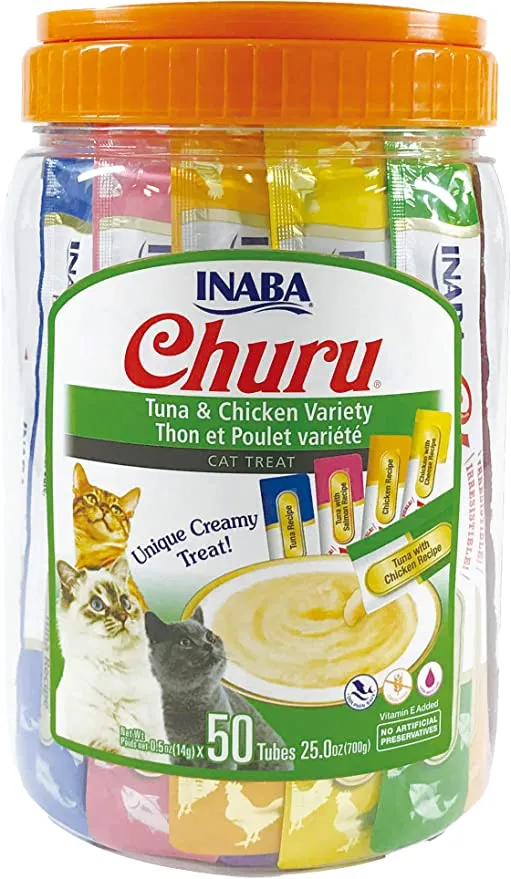 INABA Churu Cat Treats, Grain-Free, Lickable, Squeezable Creamy Purée Cat Treat/Topper with Vitamin E & Taurine, 0.5 Ounces Each Tube, 50 Tubes, Chicken Variety