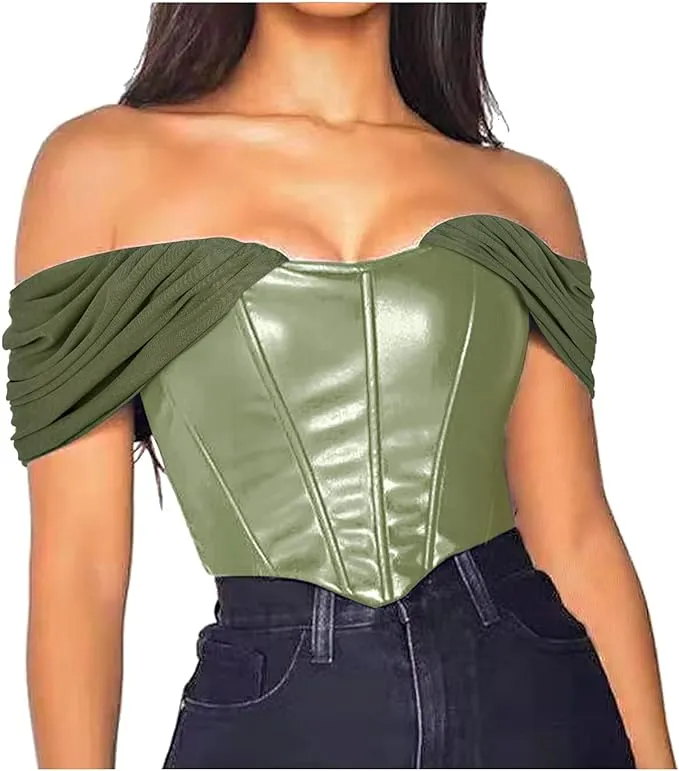 L'VOW Women's Sexy PU Leather Sweetheart Crop Top Off Shoulder Corset Mesh Sleeve Patchwork Boned Bustier