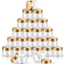 SATINIOR 24 Pieces Empty Clear Plastic Jars with Lids Round Storage Containers Wide-Mouth for Beauty Product Cosmetic Cream Lotion Liquid Butter Craft and Food (Gold Lid, 2 oz)