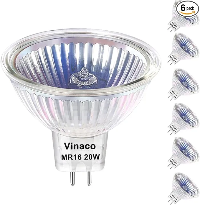 Vinaco MR16 Halogen Bulb 20W 12V, 6 Pack MR16 Bulb Dimmable, Long Lasting MR16 GU5.3 20W Bulb, 2800K MR16 Warm White with GU5.3 Base, MR16 12V 20W for Landscape, Track Lights, Fiber Optics, Desk Lamps