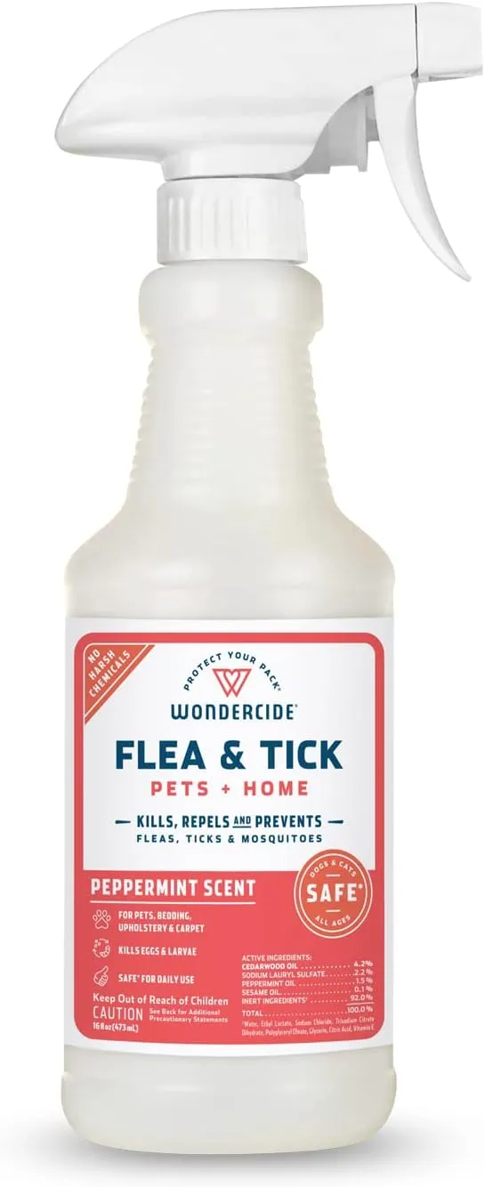 Wondercide - Flea, Tick & Mosquito Spray for Dogs, Cats, and Home - Flea and Tick Killer, Control, Prevention, Treatment - with Natural Essential Oils - Pet and Family Safe - Peppermint 16 oz