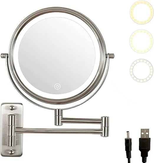 Wall Mounted Makeup Mirror with Lights- 3 Color Lighting Modes- 1x/10x Magnification 8" Double-Sided High Definition Vanity Mirror with 360 Degree Swivel Extendable Arm Cosmetic Mirror (Nickel)