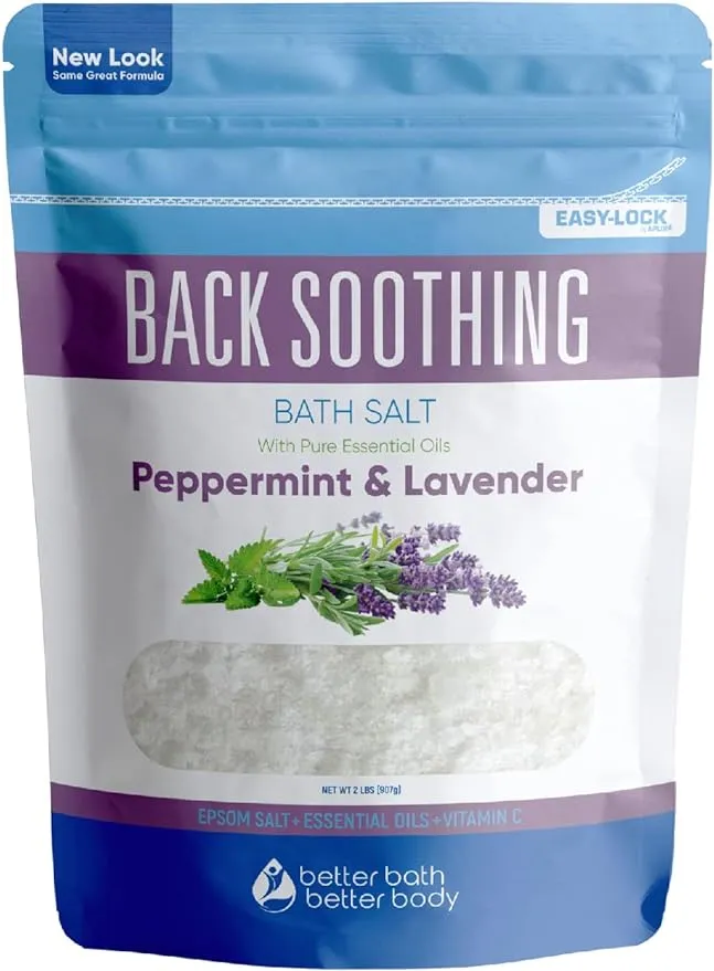 Back Soothing Bath Salt 32 Ounces Epsom Salt with Natural Bergamot, Lavender, Eucalyptus and Peppermint Essential Oils Plus Vitamin C in BPA Free Pouch with Easy Press-Lock Seal