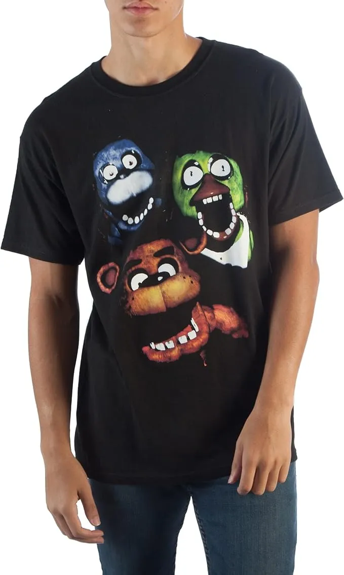 FNAF Film Style Group T-Shirt, Creepy Animatronics Chica Bonnie Freddy Fazbear's Pizza, Black Fitted Tee-Large