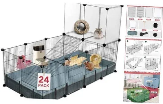 24 Panels Small Animal Playpen,Pet Playpen,C&C Cage for Guinea Pigs,Puppy Play Pen,Bunny Playpen,Indoor Outdoor Portable Metal Wire Yard Fence with Waterproof Mat