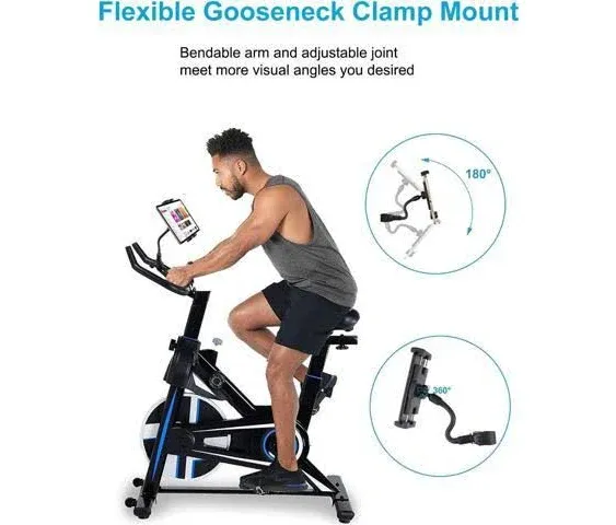 woleyi Gooseneck Spin Bike Tablet Mount, Elliptical Treadmill Tablet Holder, Indoor Peloton Stationary Exercise Bicycle Tablet Clamp for iPad Pro 12.9/Air/Mini, Galaxy Tabs, 4-13" CellPhone or Tablets