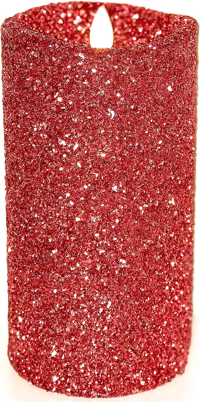 Luminara Realistic Artificial Flame Red Glitter Candle (3.5 x 5-inch) Moving Flame LED Battery Operated Lights - Unscented - Remote Sold Separately