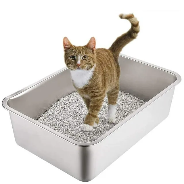 Yangbaga Stainless Steel Litter Box for Cat and Rabbit, Large Size with 8in High Sides and Non Slip Rubber Feet. Odor Control, Non Stick Smooth Surface, Easy to Clean, Never Bend