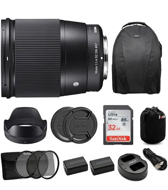 Sigma 16mm f/1.4 DC DN Contemporary Lens for Sony E + Sunshine Deluxe Bundle