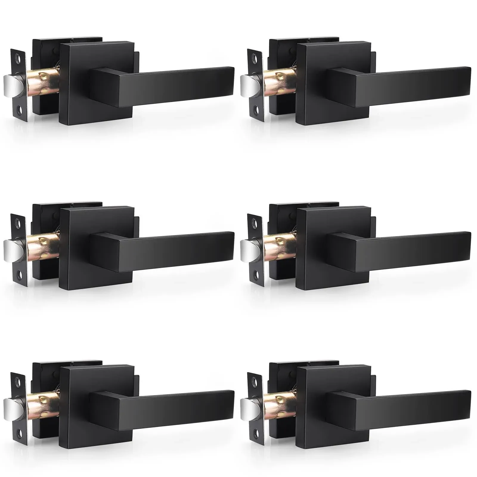 Probrico 6 Pack| Matte Black Passage Levers for Hall and Closet, Square Heavy Duty Interior Keyless Door Handles, Reversible