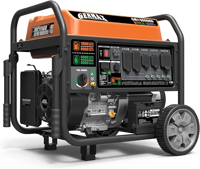 GENMAX Dual Fuel Portable Generator，GM12000ED Gas or Propane Powered Electric Start-Home Back Up, EPA Compliant