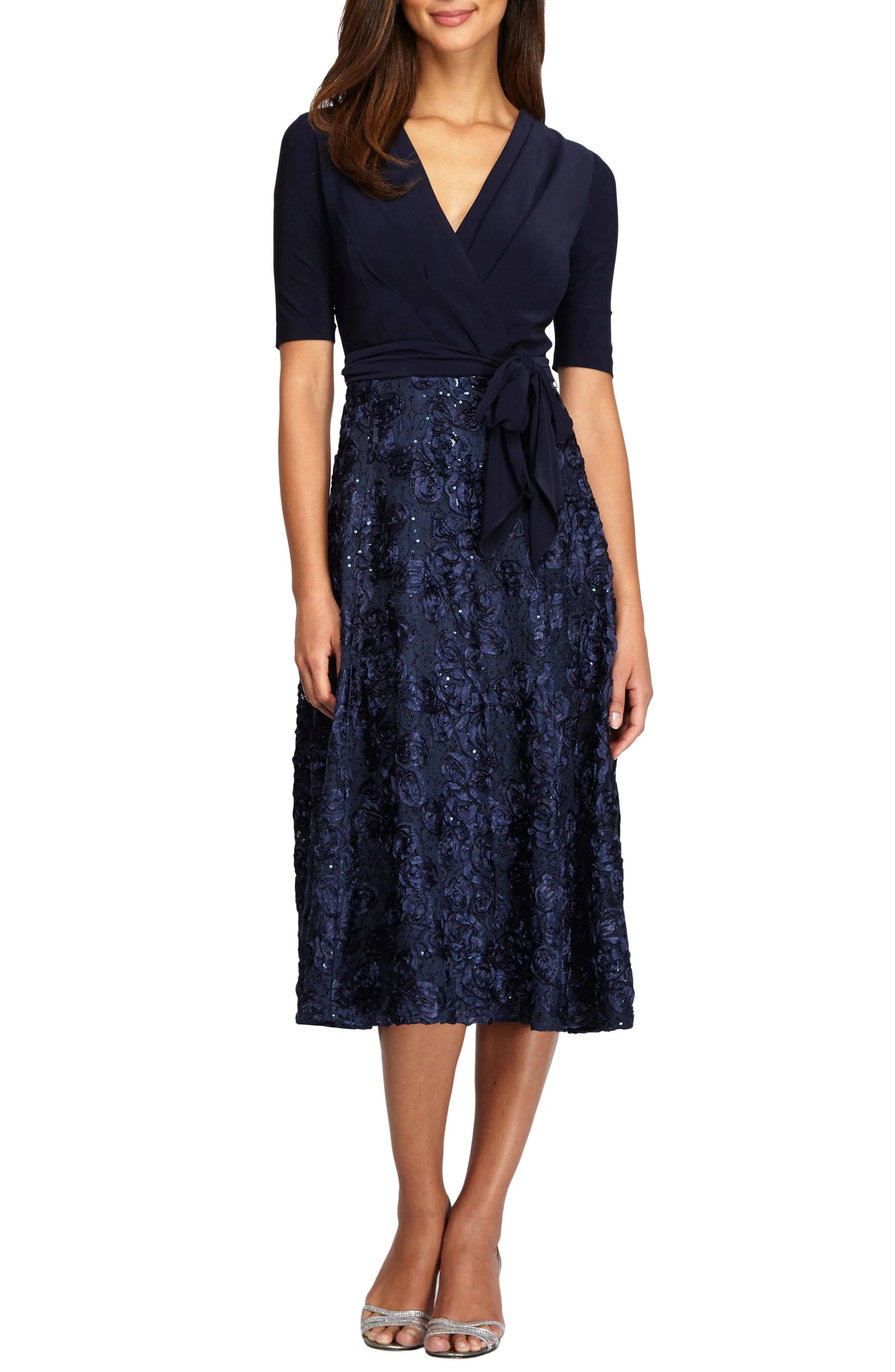 Alex Evenings Petite Rosette-Skirt Fit & Flare Dress - Navy