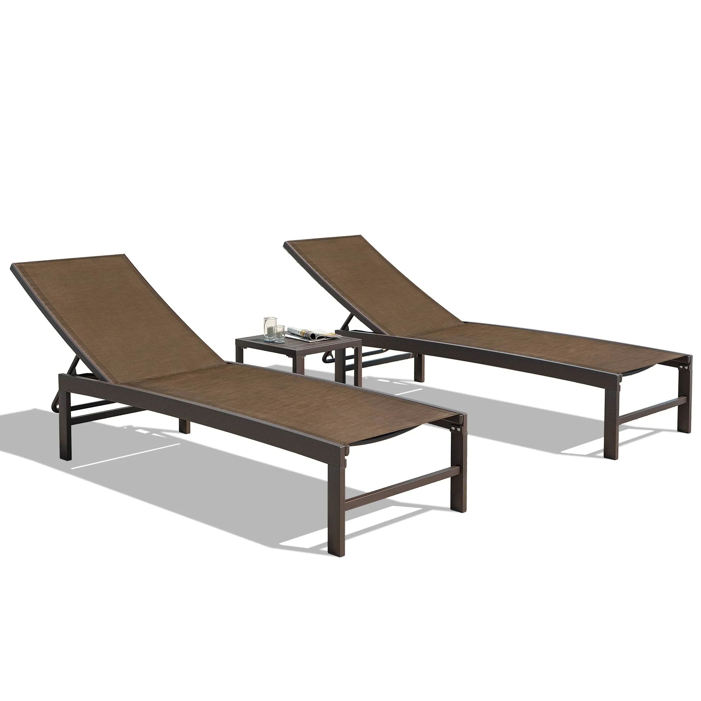 Crestlive Products 2PCS Chaise Lounge Chairs Outdoor with 1PC Side Table, Aluminum Patio Lounge Set, Adjustable Five-Position Recliner for Beach, Pool, Sunbathing, Lawn, Yard