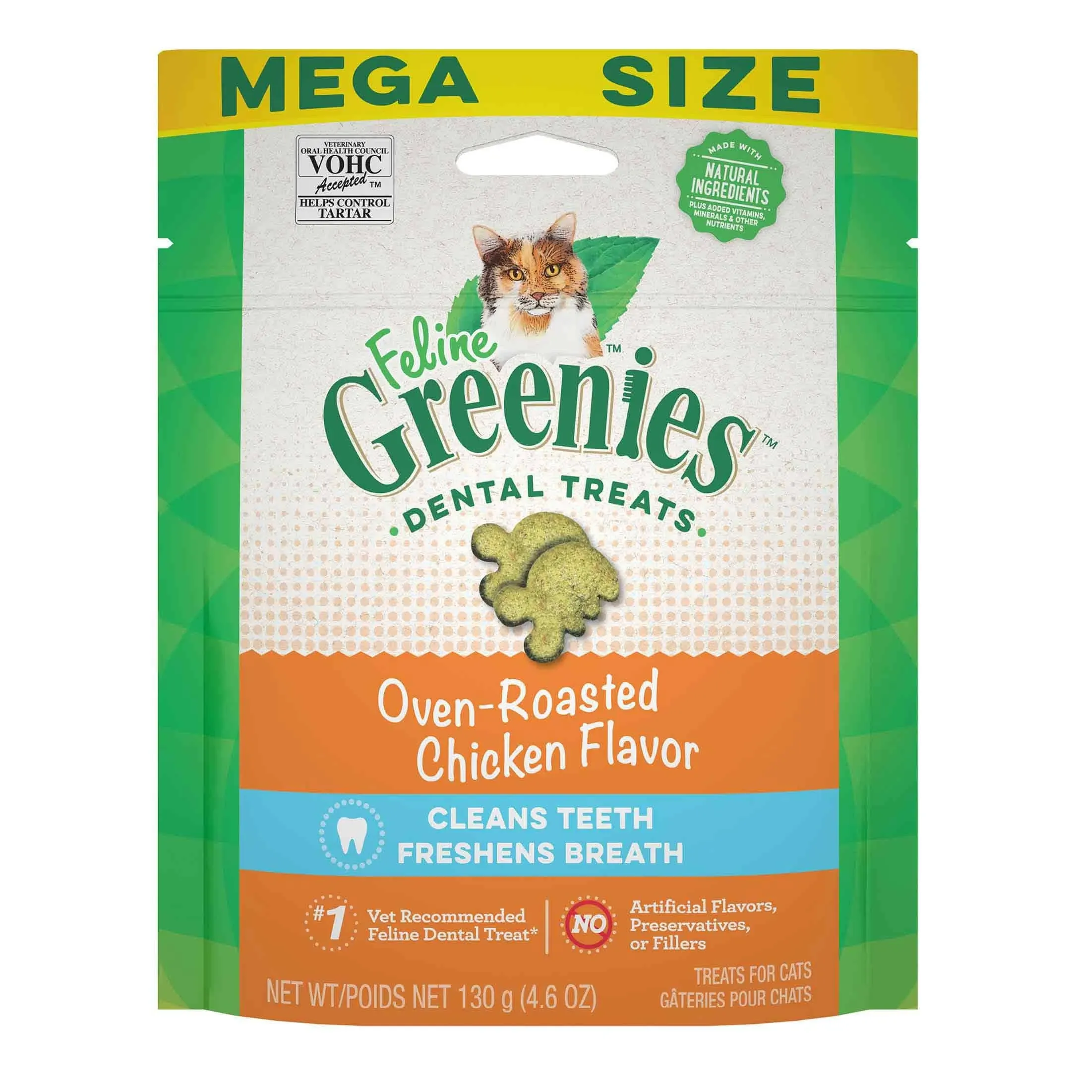 FELINE GREENIES Adult Dental Cat Treats, Oven Roasted Chicken Flavor, 9.75 oz. Tub