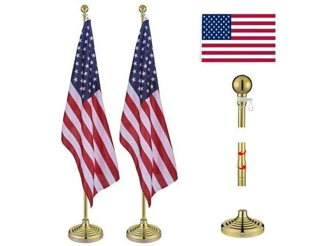 Yescom 2 Pack 8FT Sectional Indoor Flag Pole Kit Aluminum Gold Pole Ball Topper with 3x5Ft US Flag & Embroidered Stars& Base Stand Office School City Hall