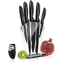 NutriChef 7 Piece Kitchen Knife Set - Stainless Steel Kitchen Precision Knives Set w/ 5 Knives & Bonus Sharpener, Acrylic Block Stand - Cutting Slicing, Chopping, Dicing NCKNS7X