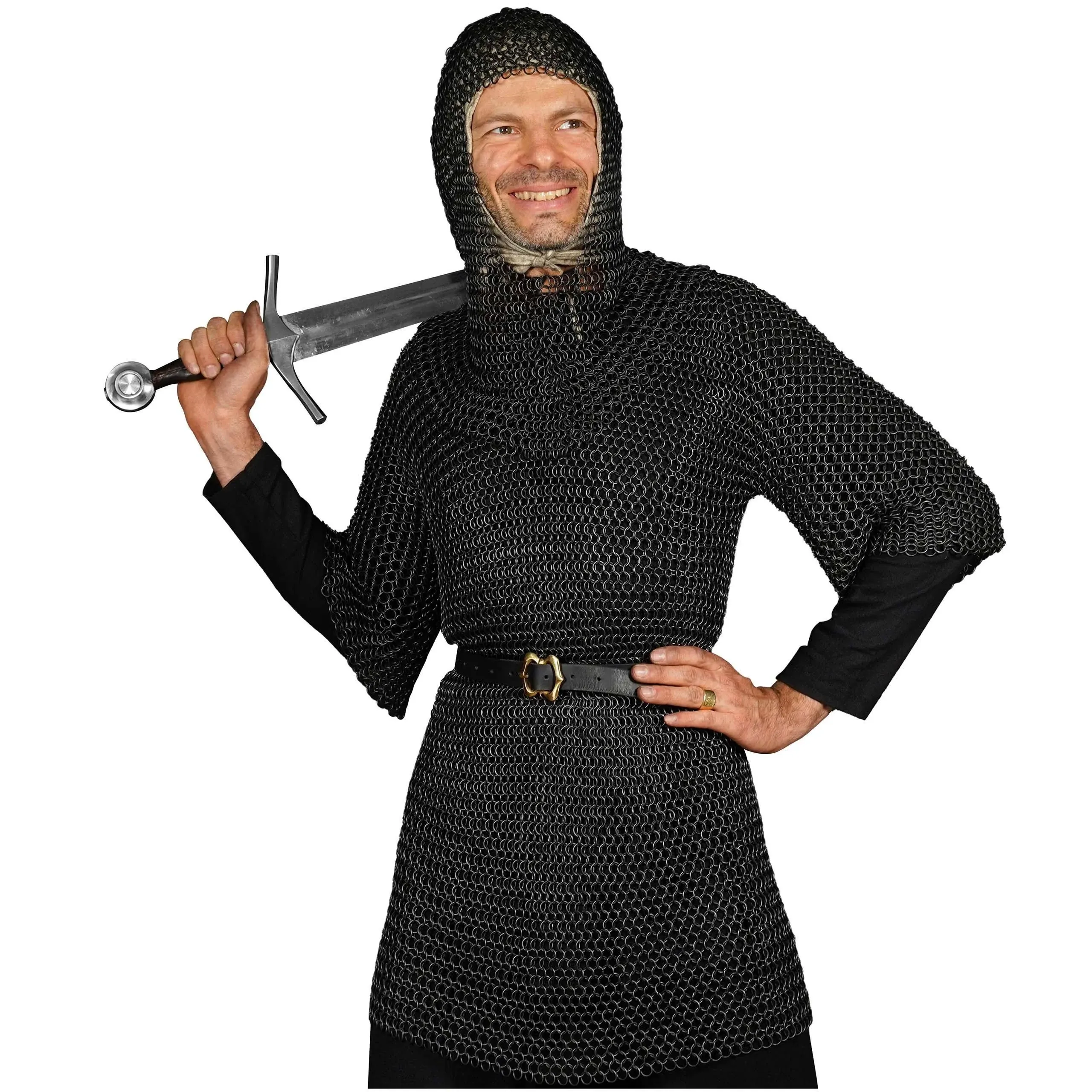 Medieval Knight Chainmail Shirt with Coif Black Armor For Cosplay Reenactments