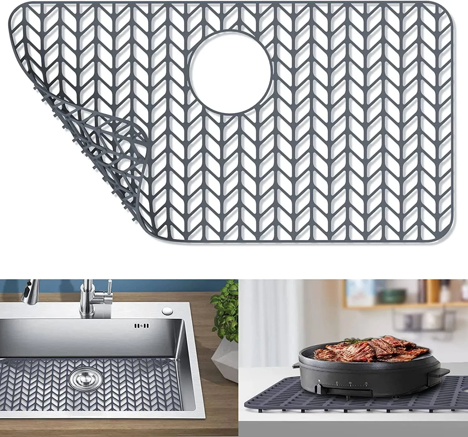 Sink Protectors for Kitchen Sink 16x12 & 18x12 & 19x13 & 24x12.5 & 26x14 & 28x14 & 29x15,Silicone kitchen sink mats protector for bottom of farmhouse sink(16.2"×12.5"Gray)