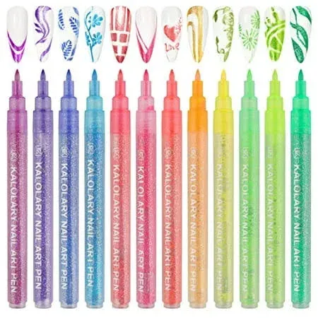 12 Color 3D Glitter Nail Art Pens Set, Kalolary Nail Point Graffiti Dotting Pen ...