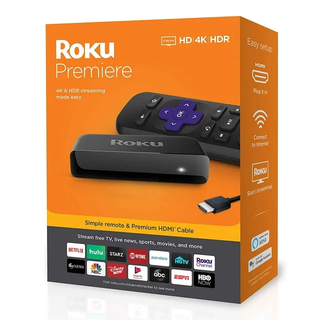 Roku 3920RW Premiere, Wi-Fi/4K/HDR Streaming Media Player with Premium High Speed HDMI Cable and Simple Remote, With 5ave HDMI Cable and USB Extension Cord