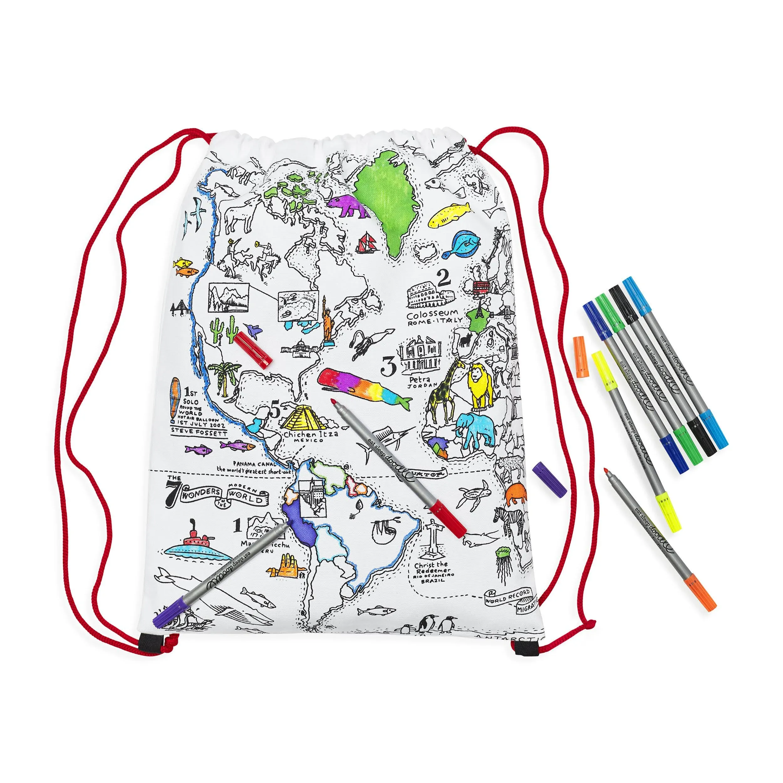 eatsleepdoodle Coloring Backpack For Kids w/ 10pk Washable Markers For Kids - 13x17in World Map Kids Coloring Backpack - Ultra Washable & Reusable Arts and Crafts For Kids