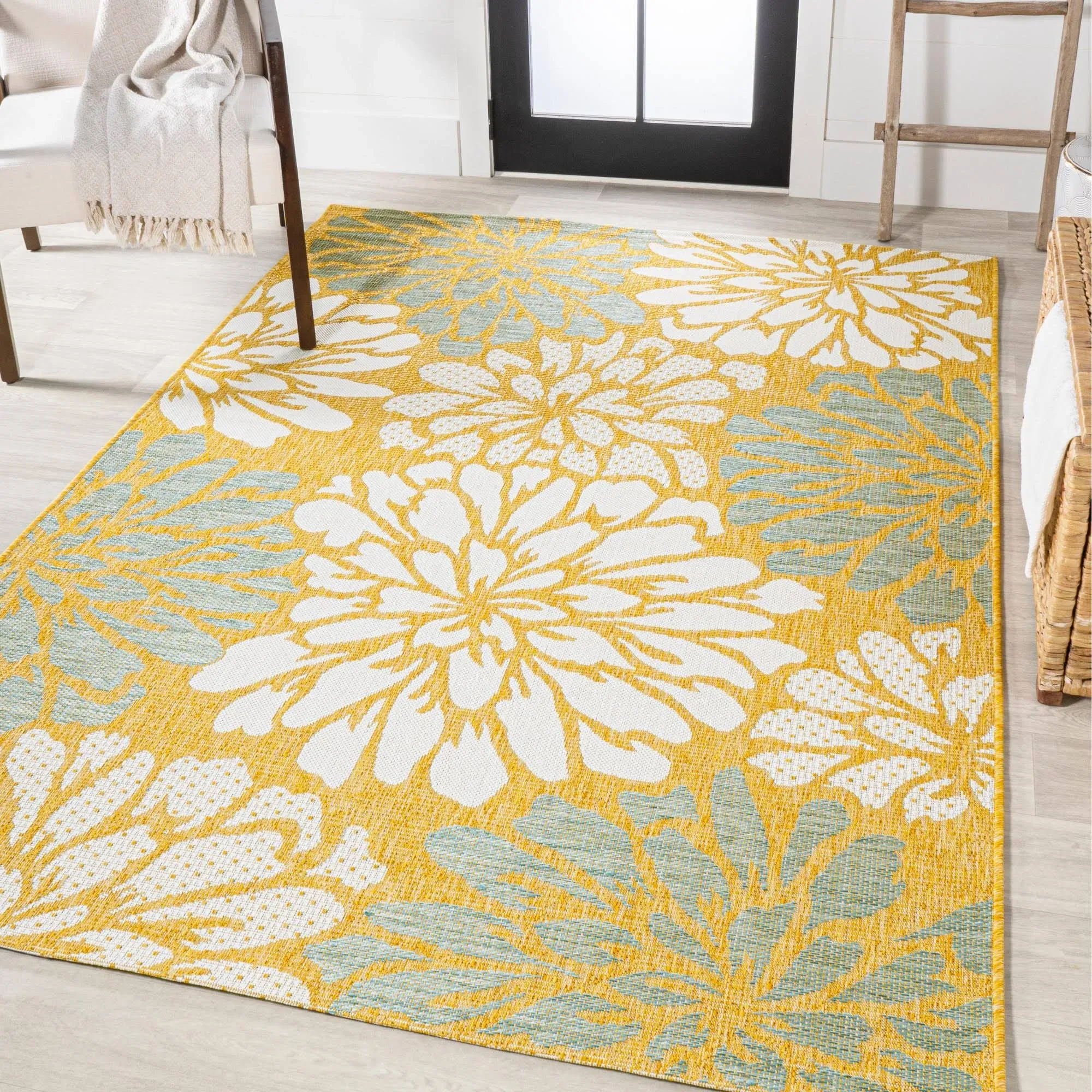 JONATHAN Y SMB110G-9 Zinnia Modern Floral Textured Weave Indoor Outdoor Area-Rug, Bohemian Coastal Mediterranean Easy-Cleaning,Bedroom,Kitchen,Backyard,Patio,Non Shedding, 9 X 12, Yellow/Cream